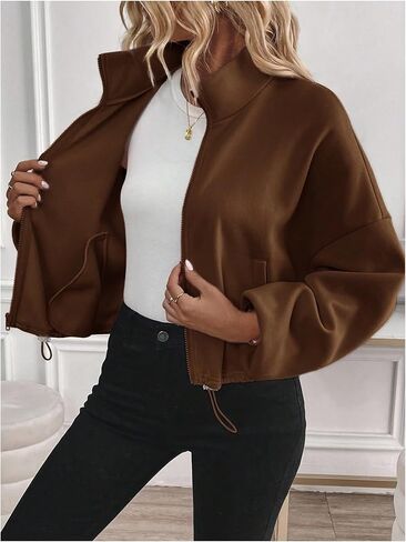 Verdusa Women's Cropped Jacket Zip Up Drawstring Drop Shoulder Sweatshirt in Saudi Arabia