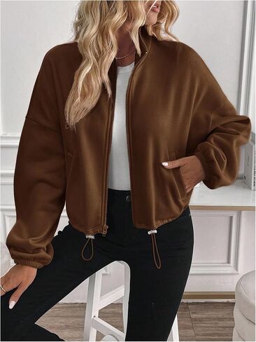 Verdusa Women's Cropped Jacket Zip Up Drawstring Drop Shoulder Sweatshirt in Saudi Arabia
