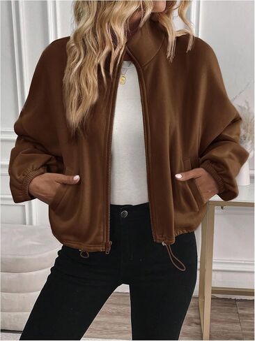 Verdusa Women's Cropped Jacket Zip Up Drawstring Drop Shoulder Sweatshirt in Saudi Arabia
