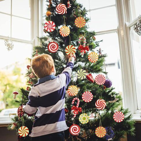 33pcs Peppermint Candy Christmas Tree Ornaments - Colorful Wooden Candy Cane Lollipop Hanging Ornaments Pendants for Xmas Tree New Year Holiday Home Party Decorations Indoor in Kuwait