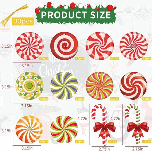 33pcs Peppermint Candy Christmas Tree Ornaments - Colorful Wooden Candy Cane Lollipop Hanging Ornaments Pendants for Xmas Tree New Year Holiday Home Party Decorations Indoor in Kuwait
