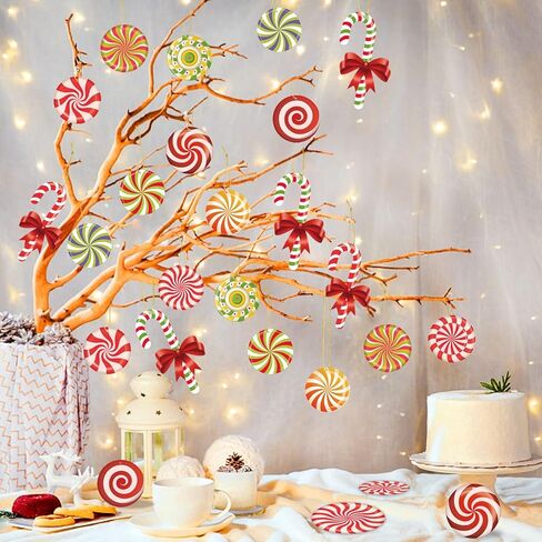 33pcs Peppermint Candy Christmas Tree Ornaments - Colorful Wooden Candy Cane Lollipop Hanging Ornaments Pendants for Xmas Tree New Year Holiday Home Party Decorations Indoor in Kuwait
