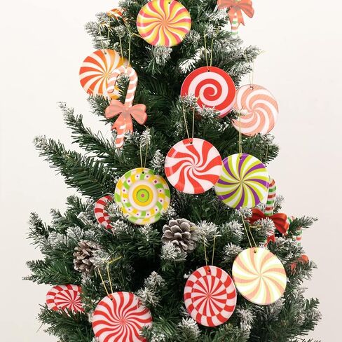 33pcs Peppermint Candy Christmas Tree Ornaments - Colorful Wooden Candy Cane Lollipop Hanging Ornaments Pendants for Xmas Tree New Year Holiday Home Party Decorations Indoor in Kuwait