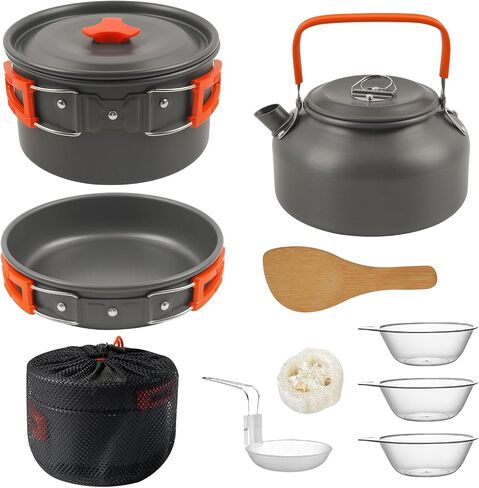 Camping Cookware Mess Kit Outdoor: GEEKHOM 14PCS Stainless Steel Camping Pots and Frying Pans, All-in-One Portable Camp Cookset Grilling Tools for Backpacking & Campfire (1-2 Person) in Saudi Arabia