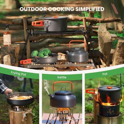 Camping Cookware Mess Kit Outdoor: GEEKHOM 14PCS Stainless Steel Camping Pots and Frying Pans, All-in-One Portable Camp Cookset Grilling Tools for Backpacking & Campfire (1-2 Person) in Saudi Arabia
