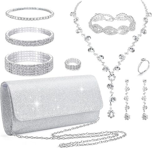 stablerice 9 Pcs Rhinestone Jewelry Sets for Women Rhinestone Purses for Women Clutch Purse Necklace Earrings Bracelet Jewelry Sets for Wedding Formal Bridal Bridesmaid Gifts (Gold) in Kuwait