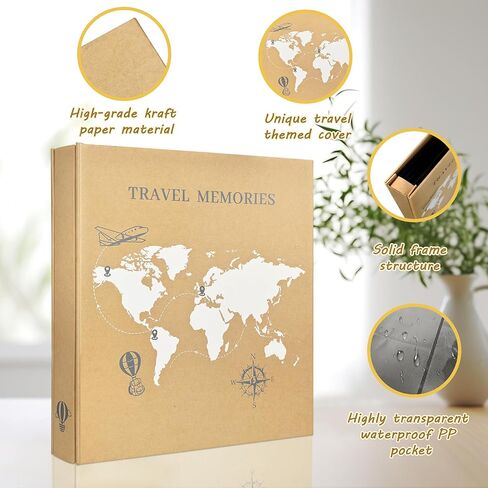 Travel Photo Album 4x6 Photos,5 Pictures Per Page 300 Capacity Vacation Memory Book with World Map Cover–Excellent Kraft Album for Family Adventure Trips Gifts in Kuwait