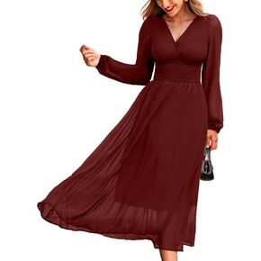 CUPSHE Women's Fall V Neck Long Sleeve Maxi Dresses Smocked Waist Elegant Cocktail Wedding Guest Dress in Saudi Arabia