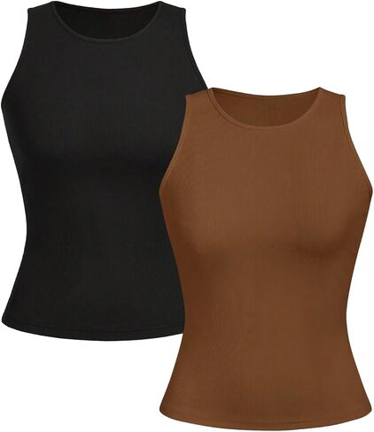 WDIRARA Women's 2 Pack Tank Tops Crew Neck Sleeveless Basic Fitted Tops in Saudi Arabia