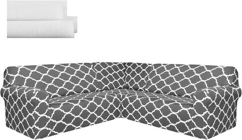 Breling 3 Pcs L Shaped Couch Covers for Living Room Printed Corner Sectional Couch Covers Stretch 5 Seat Sofa Slipcover Furniture Protector with Elastic Straps, Washable(Black) in Saudi Arabia