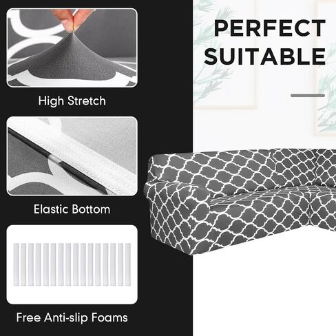 Breling 3 Pcs L Shaped Couch Covers for Living Room Printed Corner Sectional Couch Covers Stretch 5 Seat Sofa Slipcover Furniture Protector with Elastic Straps, Washable(Black) in Saudi Arabia