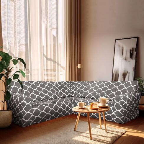Breling 3 Pcs L Shaped Couch Covers for Living Room Printed Corner Sectional Couch Covers Stretch 5 Seat Sofa Slipcover Furniture Protector with Elastic Straps, Washable(Black) in Saudi Arabia