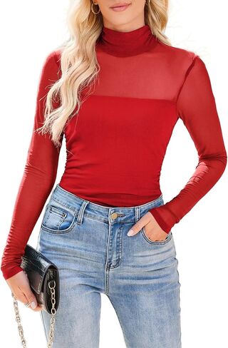 MAYFASEY Women's Trendy High Neck Long Sleeve Tops Sexy Sheer Mesh Ruched Going Out Blouse Shirts in Kuwait