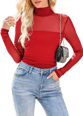 MAYFASEY Women's Trendy High Neck Long Sleeve Tops Sexy Sheer Mesh Ruched Going Out Blouse Shirts in Kuwait