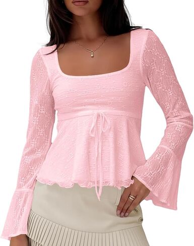 Women Y2k Lace Going Out Crop Top Cute Bell Long Sleeve Sheer Shirt V Neck Babydoll Blouse Tops Coquette Clothes in Kuwait