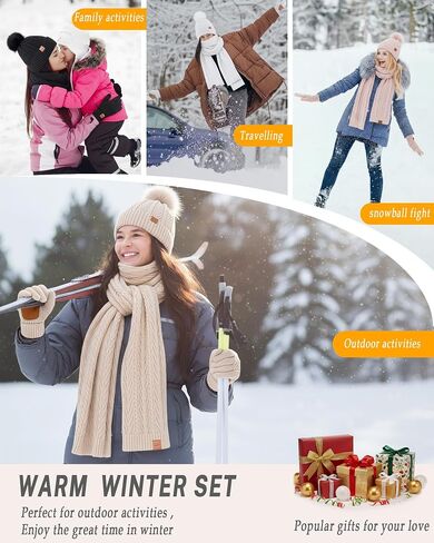 Winter Hat Scarf Gloves Set for Women Cute Warm Fleece Lined Beanie Fashionable Pom Pom Touchscreen Gloves Cold Weather Gift in Saudi Arabia