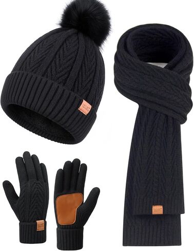 Winter Hat Scarf Gloves Set for Women Cute Warm Fleece Lined Beanie Fashionable Pom Pom Touchscreen Gloves Cold Weather Gift in Saudi Arabia