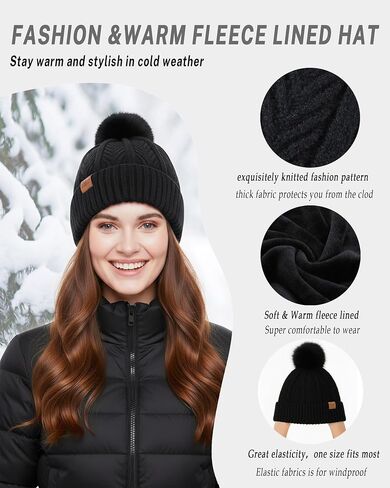 Winter Hat Scarf Gloves Set for Women Cute Warm Fleece Lined Beanie Fashionable Pom Pom Touchscreen Gloves Cold Weather Gift in Saudi Arabia
