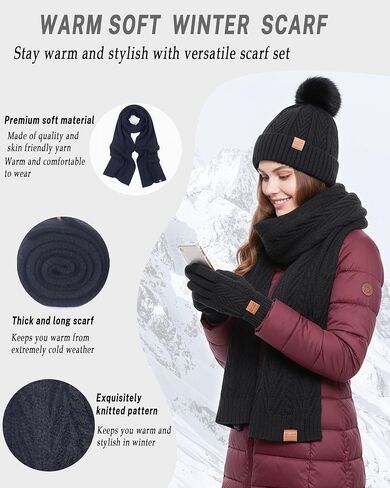 Winter Hat Scarf Gloves Set for Women Cute Warm Fleece Lined Beanie Fashionable Pom Pom Touchscreen Gloves Cold Weather Gift in Saudi Arabia