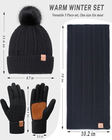Winter Hat Scarf Gloves Set for Women Cute Warm Fleece Lined Beanie Fashionable Pom Pom Touchscreen Gloves Cold Weather Gift in Saudi Arabia
