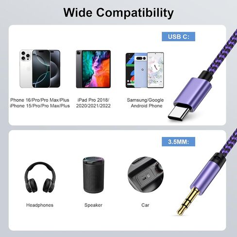 Samsung USB C to Aux Cord Type C to 3.5mm Audio Adapter for Galaxy A17/A16 5G/A15/A56/A36/S25 Edge/S24/S23/S22/S21 Hi-Fi Stereo Headphone Auxiliary Cord Braided Cable for iPhone 16 Pro Max/16e/15 Pro in Saudi Arabia