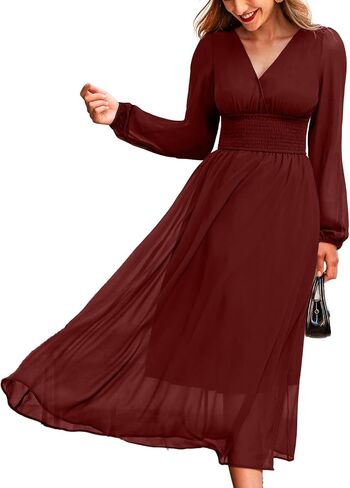 CUPSHE Women's Fall V Neck Long Sleeve Maxi Dresses Smocked Waist Elegant Cocktail Wedding Guest Dress in Saudi Arabia