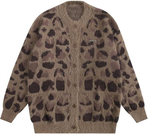 Bakyarder Leopard Printed Cardigan for Women, Vintage Button-Up Sweater, Y2K Drop Shoulder Knit Cardigan Streetwear in Kuwait