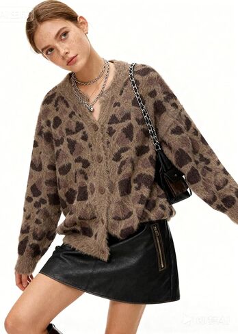 Bakyarder Leopard Printed Cardigan for Women, Vintage Button-Up Sweater, Y2K Drop Shoulder Knit Cardigan Streetwear in Kuwait