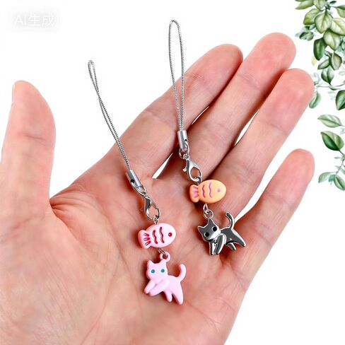 Black Cat Phone Charm - Mini Cat Fish Bag Charms ، Metal Kawaii Charm لحالة الهاتف الخلوي ، قلادة مطابقة in Kuwait