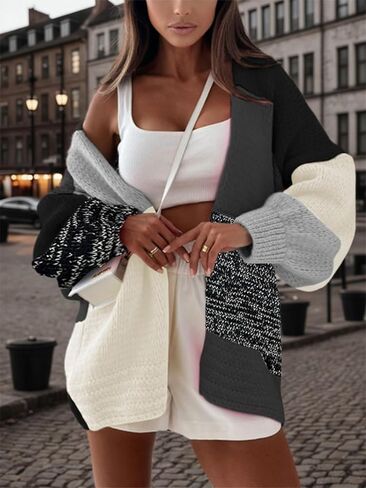 Womens Open Front Color Block Knit Cardigan Crew Neck Long Sleeve Casual Fashion Cardigans in Saudi Arabia