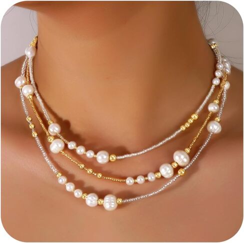 Layered Beaded Choker Necklace for Women, Dainty Colorful Beads Pearl Gold Chain Trendy Bohemian Summer Beach Party Accessories Jewelry Ideal for Vacation Daily Outfits in Saudi Arabia