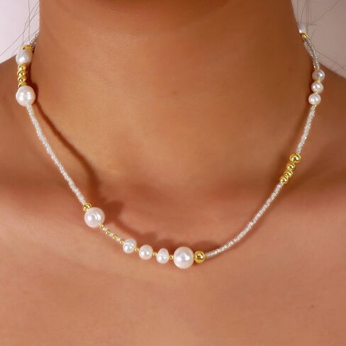 Layered Beaded Choker Necklace for Women, Dainty Colorful Beads Pearl Gold Chain Trendy Bohemian Summer Beach Party Accessories Jewelry Ideal for Vacation Daily Outfits in Saudi Arabia