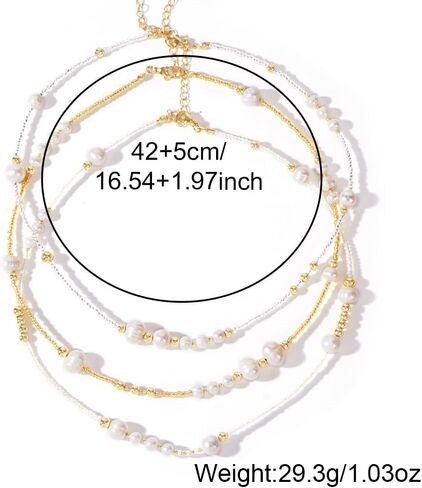 Layered Beaded Choker Necklace for Women, Dainty Colorful Beads Pearl Gold Chain Trendy Bohemian Summer Beach Party Accessories Jewelry Ideal for Vacation Daily Outfits in Saudi Arabia