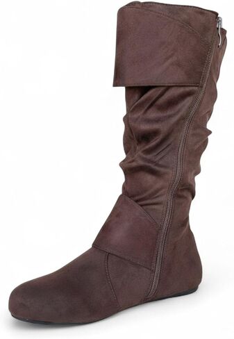 ABSOLEX Women Round Toe Buckle w/Side Zip Slouch Flat to Low Heel Mid-Calf Boots in Saudi Arabia