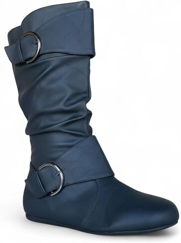 ABSOLEX Women Round Toe Buckle w/Side Zip Slouch Flat to Low Heel Mid-Calf Boots in Saudi Arabia
