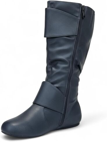 ABSOLEX Women Round Toe Buckle w/Side Zip Slouch Flat to Low Heel Mid-Calf Boots in Saudi Arabia
