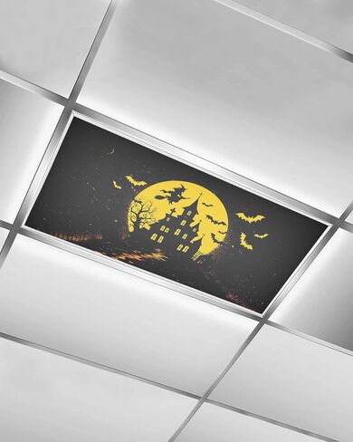 2 Pack Fluorescent Light Cover, Halloween Light Covers for Ceiling Lights, Black Yellow Castle Moon Tree Horror Magnetic Lights Filters Ceiling Shade for Classroom/Office - 4 x 2 Feet in Saudi Arabia
