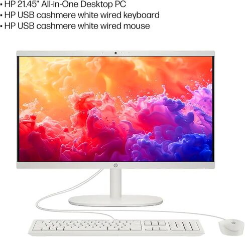 HP 21.5 "Comple HD Display All-in-One Computer ، Intel Celeron J4025 Processor ، 16GB DDR4 ، 128GB SSD ، Bluetooth ، USB-C ، WebCAM ، HDMI ، RJ-45 ، Wi-Fi 6 ، LED ، Windows 11 Pro ، Cashmere White in Saudi Arabia