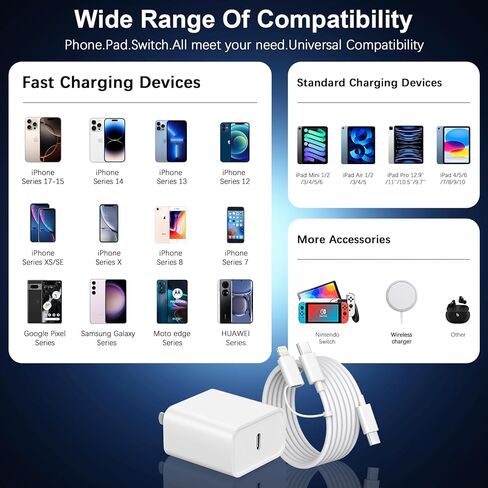 iPhone 17 16 15 Charger Fast Charging ، 3 Pack 10ft Pd 20W USB C Charger with Lightning Cord & USB C Cable Type C Chargers for iPhone 17/17 Pro/17 Pro Max/16/16 Plus/16 Pro/16 Pro Max/15/14/13 in Kuwait