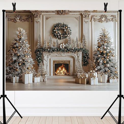 Avezano 10x7ft Christmas Fireplace Backdrop Xmas Tree White Fireplace Background Merry Christmas Decorations Holiday Backdrop for Photoshoot in Saudi Arabia