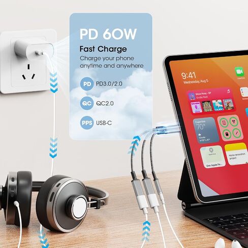 USB C إلى 3.5 ملم محول الشاحن ومحول الشاحن ، 3 في 1 نوع مزدوج C aux شاحن الشاحن الشاحن سلك Dongle المتوافق مع iPhone 15/16 Pro/Max/Plus ، iPad ، Samsung Galaxy S22/S23/S24 Ultra （Red） in Kuwait
