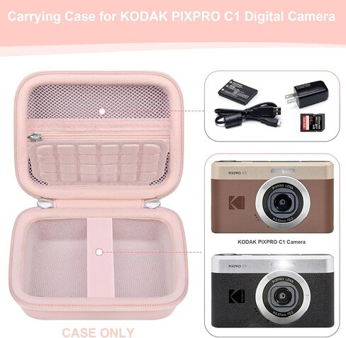 RAIALL Carrying Case for KODAK PIXPRO C1 Friendly Zoom Digital Camera, Point and Shoot Vlogging Camera Hard Travel Bag, Mesh Pocket for Charging Adapter, SD Card, USB Cable and Batteries, Black in Kuwait