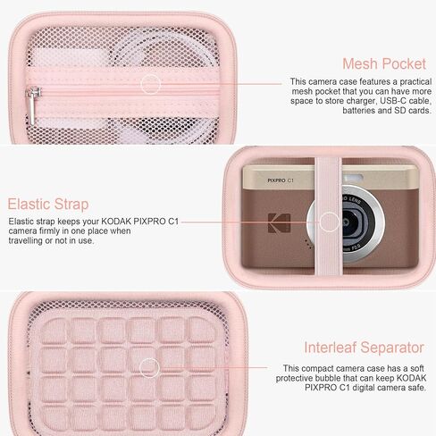 RAIALL Carrying Case for KODAK PIXPRO C1 Friendly Zoom Digital Camera, Point and Shoot Vlogging Camera Hard Travel Bag, Mesh Pocket for Charging Adapter, SD Card, USB Cable and Batteries, Black in Kuwait