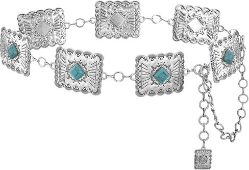 Metal Turquoise Belts for Women - Vintage Boho Cowgirl Hip Chain Belts, Adjustable Western Concho Waist Belt for Dress in Kuwait