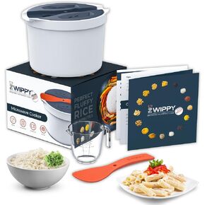 Microwave Rice Cooker Steamer and Pasta Cooker with Strainer - Mess-Free Design, Dishwasher Safe, Cooks Up to 8 Cups