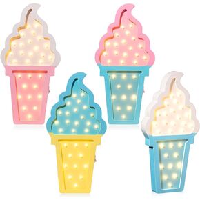Glooglitter 4 Pcs Ice Cream Atmosphere Light Wooden Ice Cream LED Night Light Ice Cream Lamp Romantic Ice Cream Themed Party Decorations Ice Cream Party Decor Battery Operated (Blue Pink Yellow White)