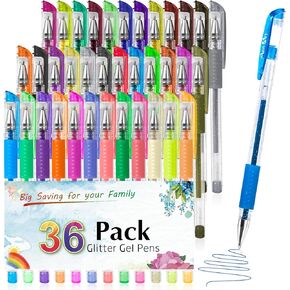 Aen Art Glitter Gel Pens for Adult Coloring Books, 36 Colors Gel Marker Set Colored Pen with 40% More Ink for Kids Drawing, Doodling, Crafts and Taking Note