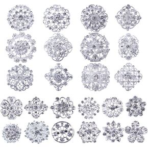 MEEJOA Brooches and Pins for Women, Lot 24pc Silver Color Clear Rhinestone Crystal Flower Brooch Pin DIY Wedding Bouquet Broaches Set