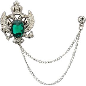Knighthood Emerald Green Crystal Vintage Double Eagle Silver Tassel Chain Brooch, Suit Stud, Shirt Studs, Lapel Pin Accessories for Men Women