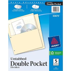 Avery Untabbed Double Pocket Dividers for 3 Ring Binders, Manila, Pack of 5 Dividers (03075)